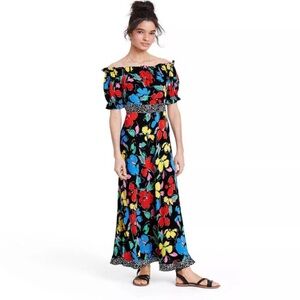 Rixo London Floral Off the Shoulder Puff Maxi Dress Black